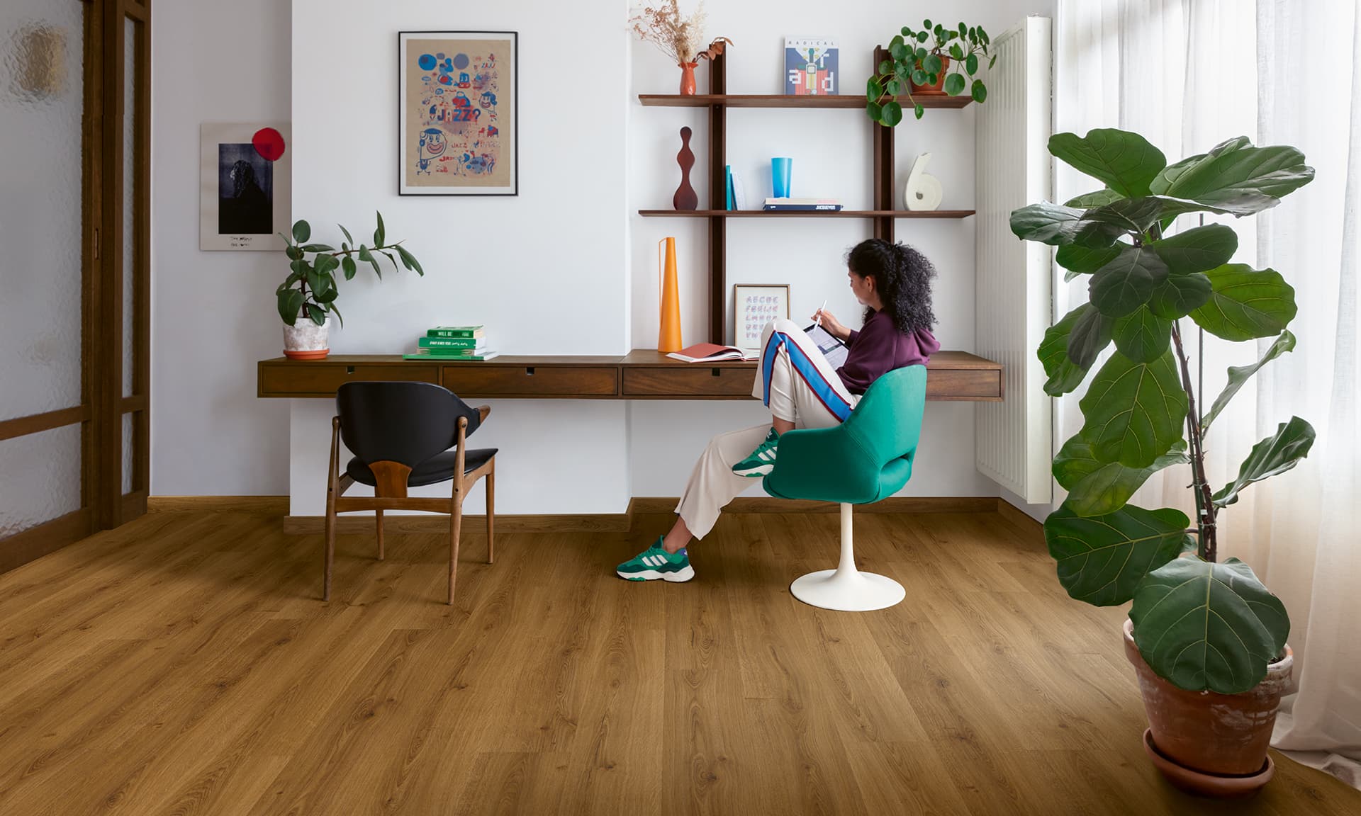 Trendy home office with sustainable vinyl floor